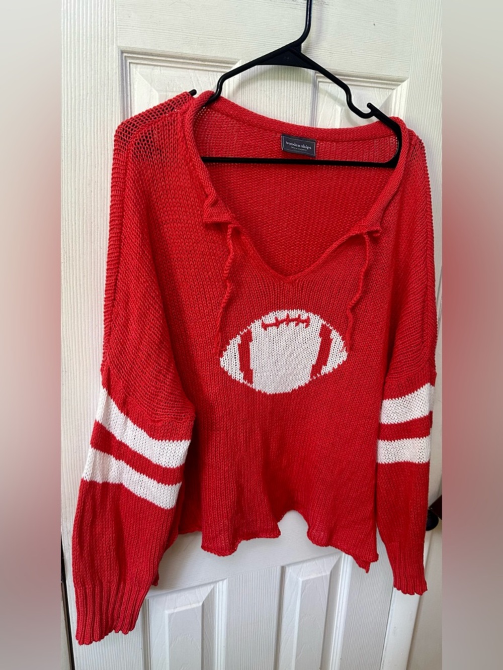 Wooden Ships Red Open Weave Knit Football Sweater, XL